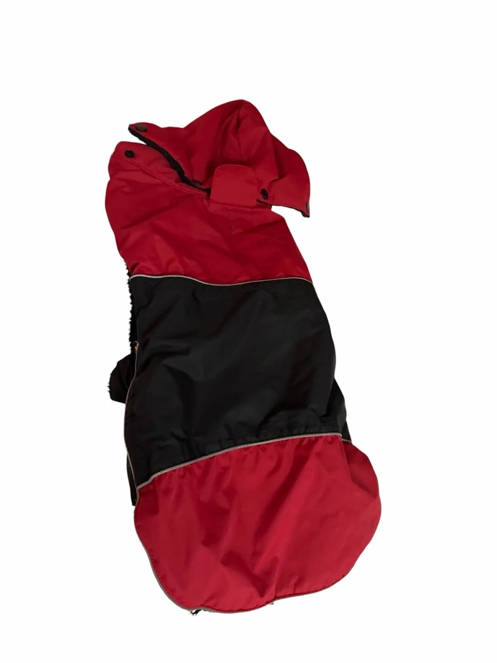 Red waterproof fleece lined dog coat Velcro closure at neck removable hood